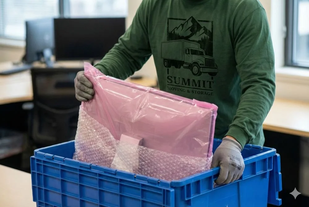 Mover packing computer monitors and IT equipment into anti-static bins.