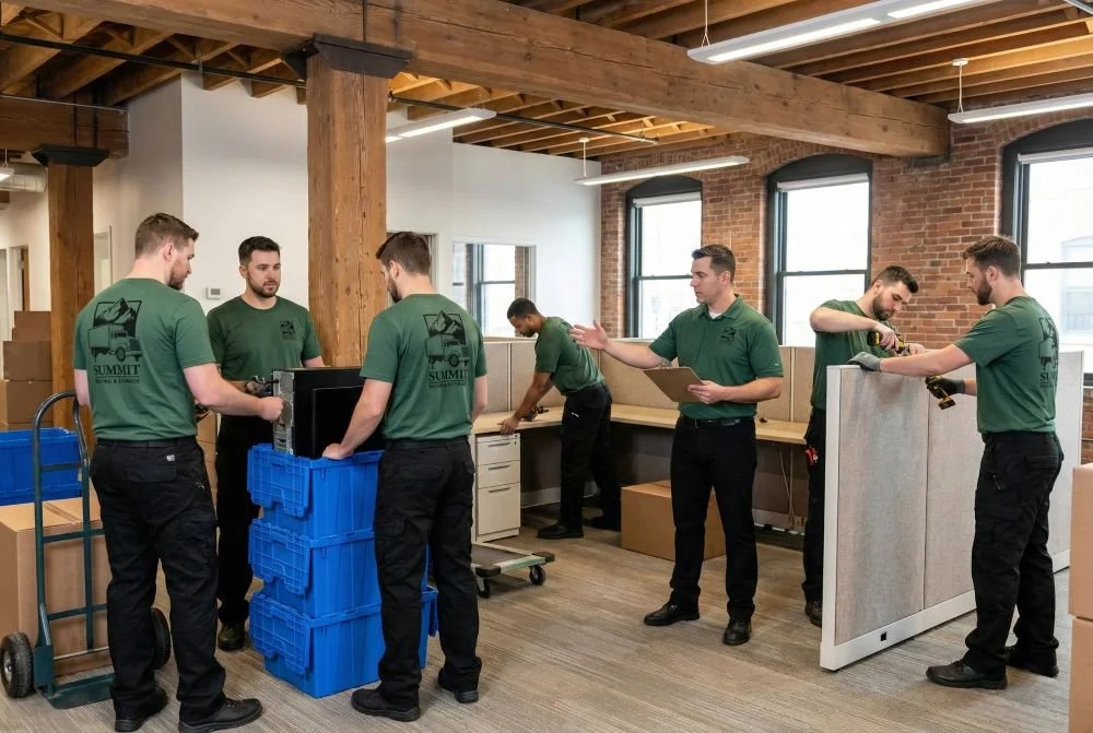 Commercial movers from Summit Moving & Storage efficiently packing computer equipment and disassembling furniture during an office relocation.