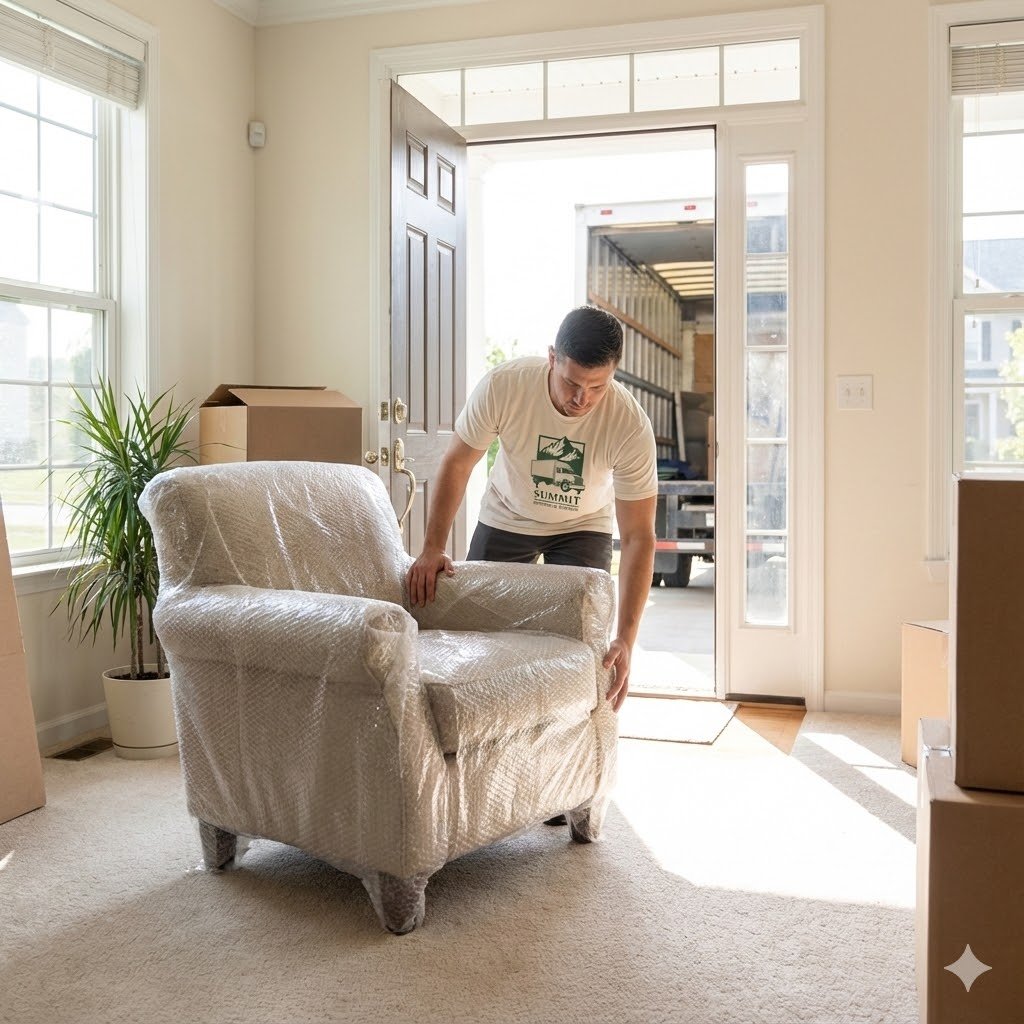 Summit Moving & Storage crew member protecting furniture during a move