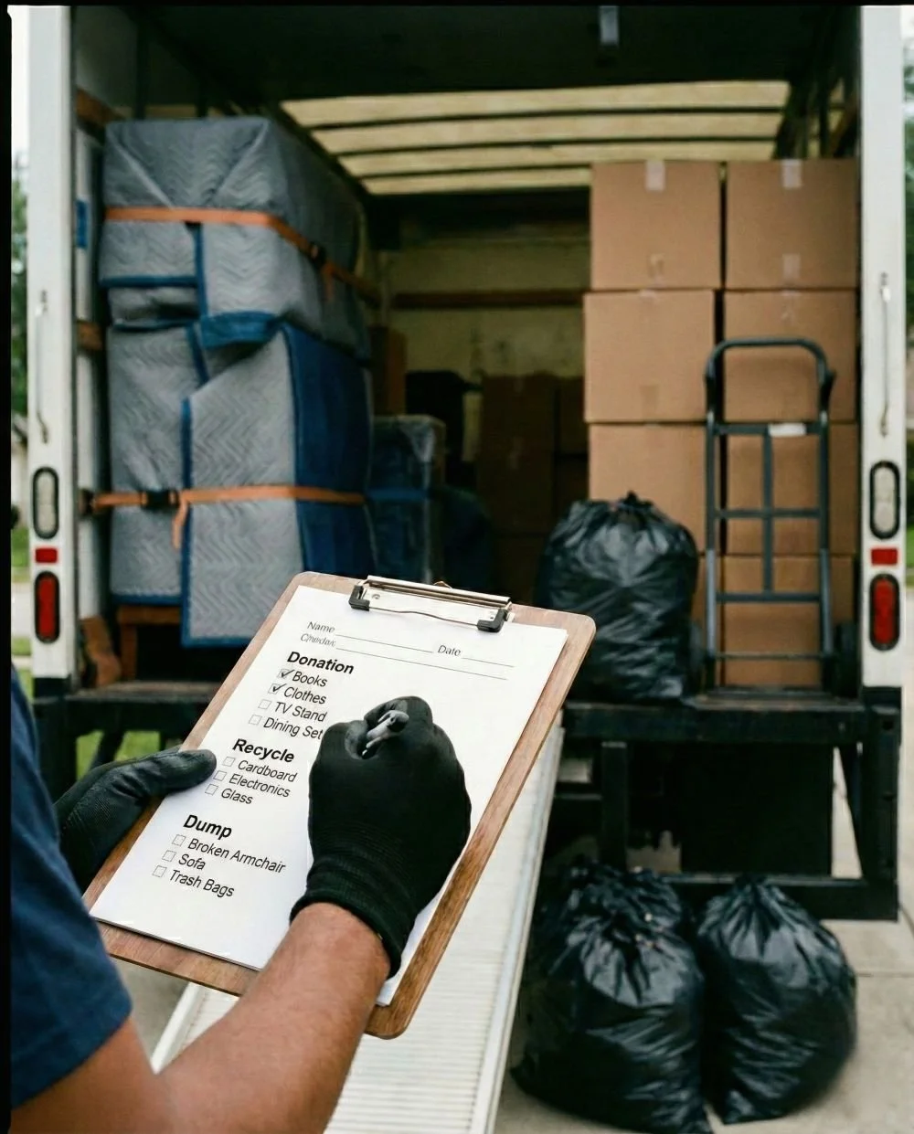 Summit Moving & Storage crew member using a checklist to sort junk removal items into donation, recycling, and disposal categories.