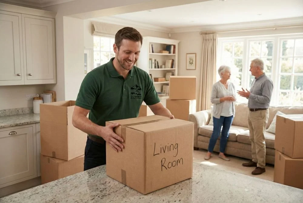 Summit Moving & Storage mover placing a packed moving box in the kitchen of a senior living move in the Willamette Valley.