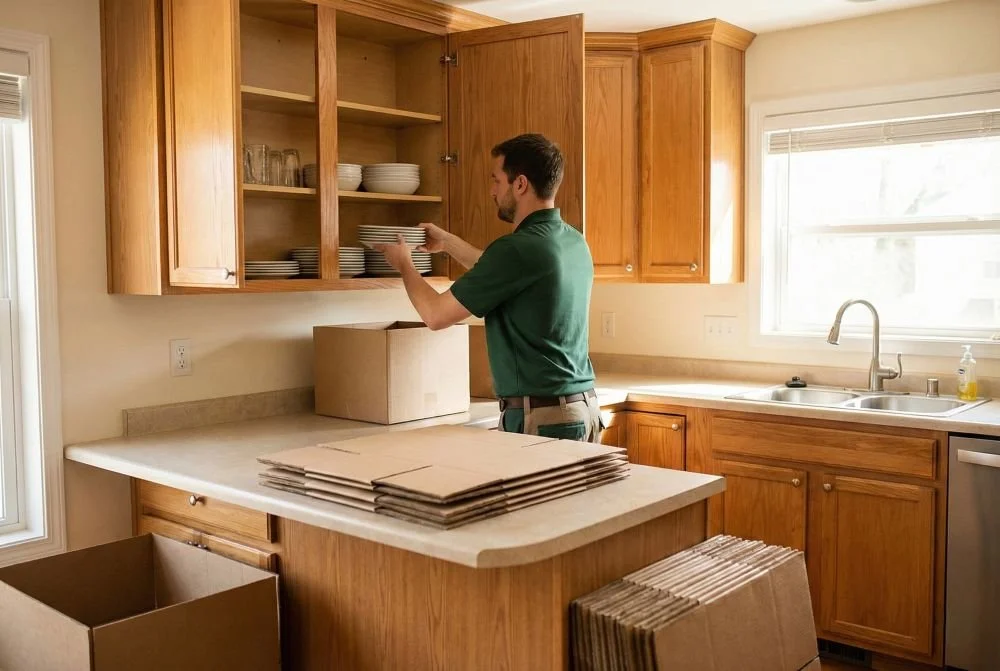 Professional organizer unpacking dishes and setting up a kitchen in a new home.