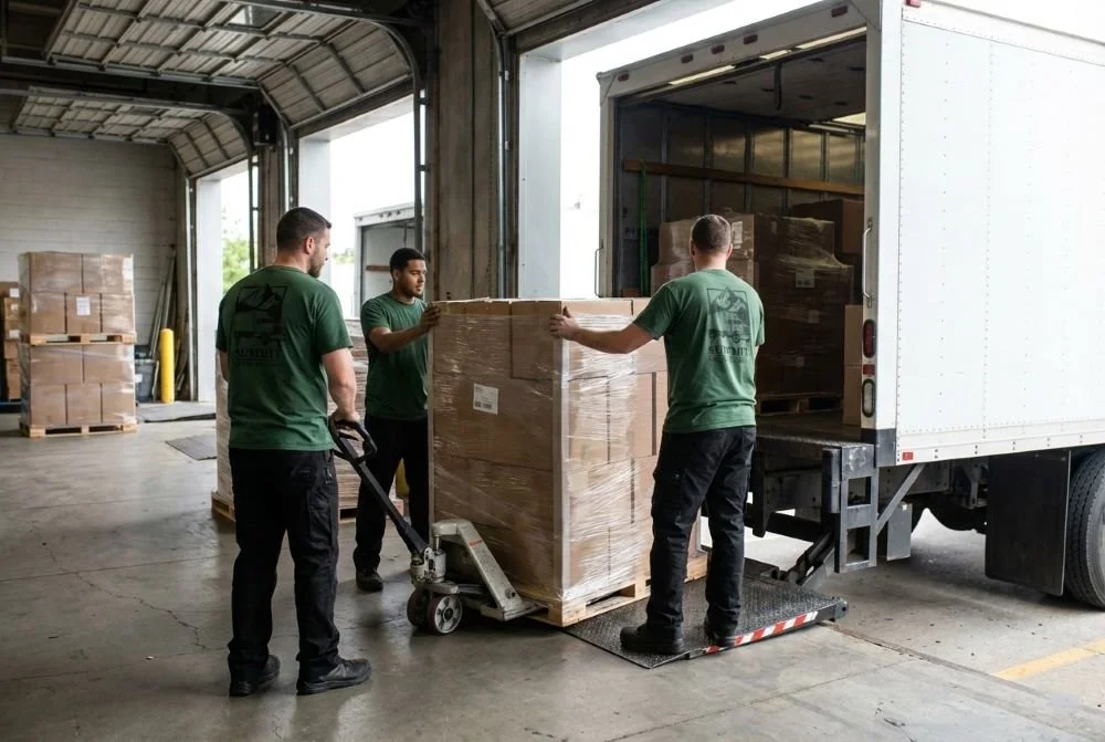 Movers using a pallet jack to load commercial inventory onto a moving truck.