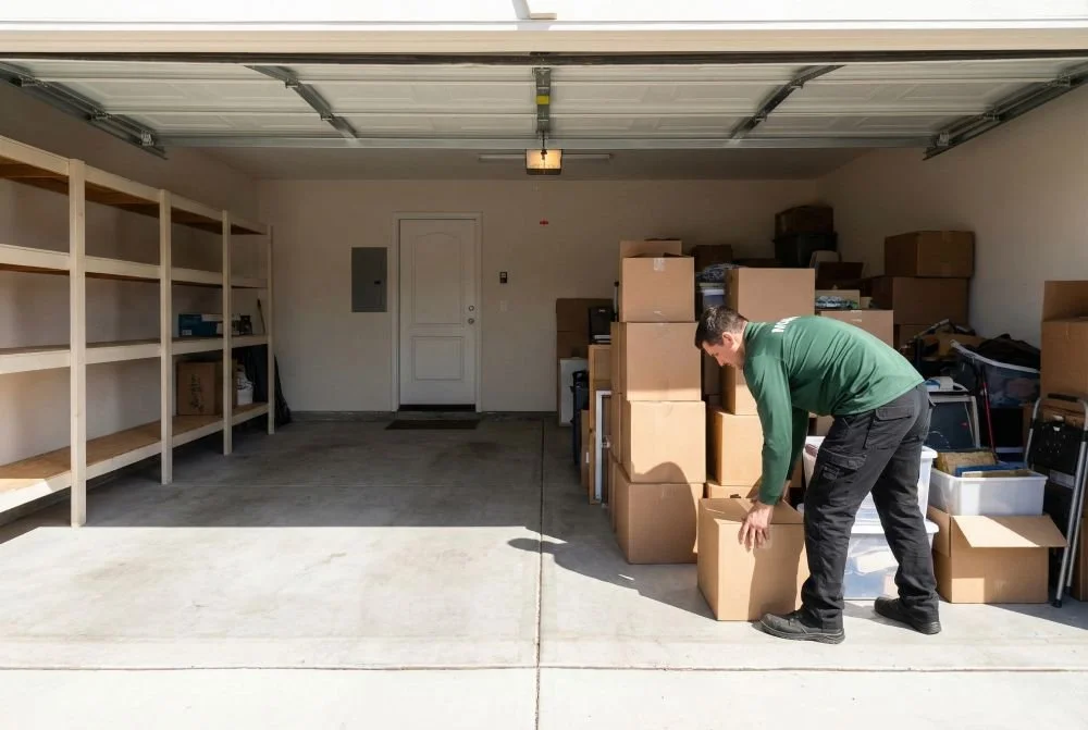 Garage estate cleanout service in progress showing cleared space and remaining items being sorted.