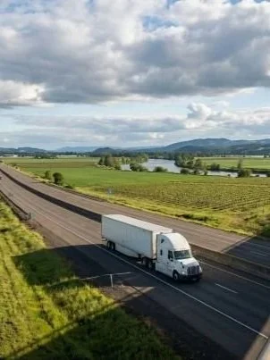 Summit Moving & Storage driving a moving truck down I-5 through the Willamette Valley
