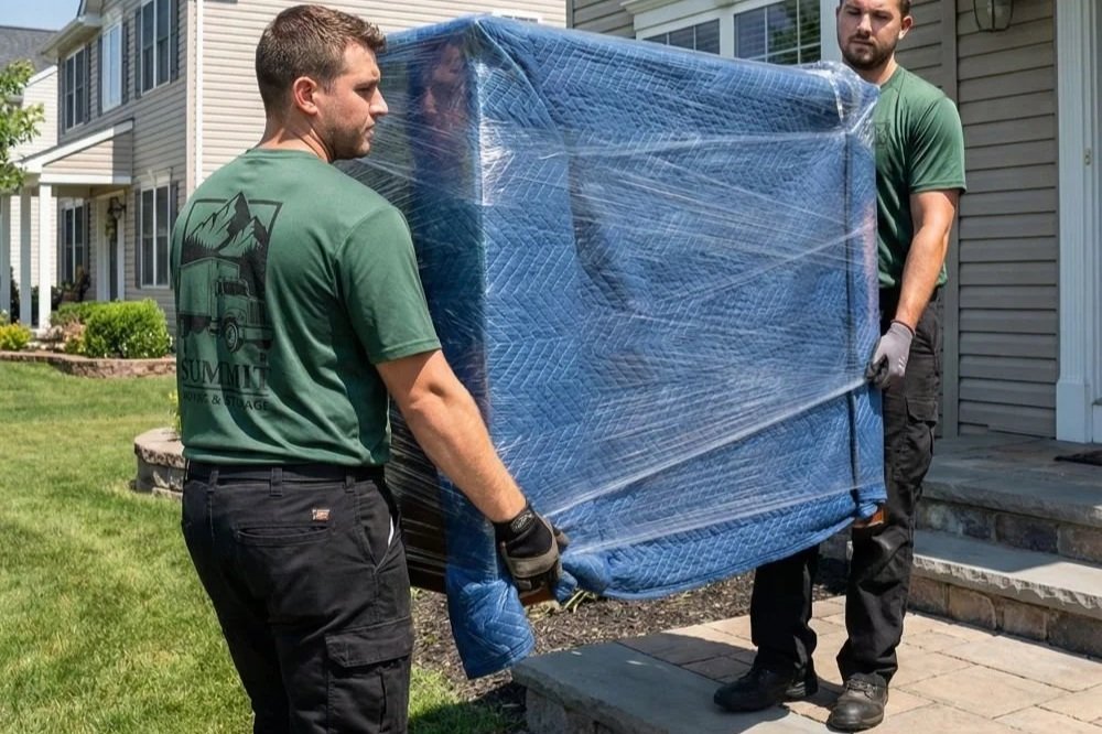 Summit Moving & Storage truck parked outside a residential Craftsman home in Oregon.
