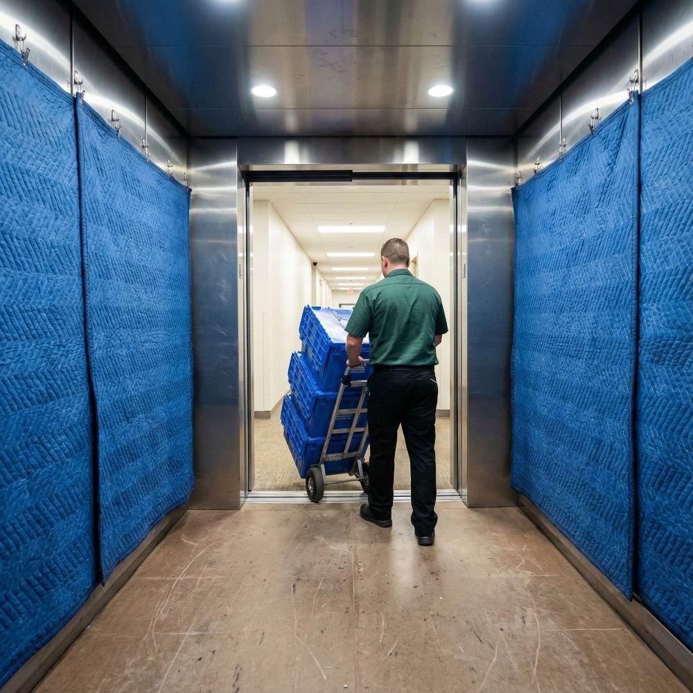 Freight elevator with walls covered in protective padding and floors covered in masonite during an office move.