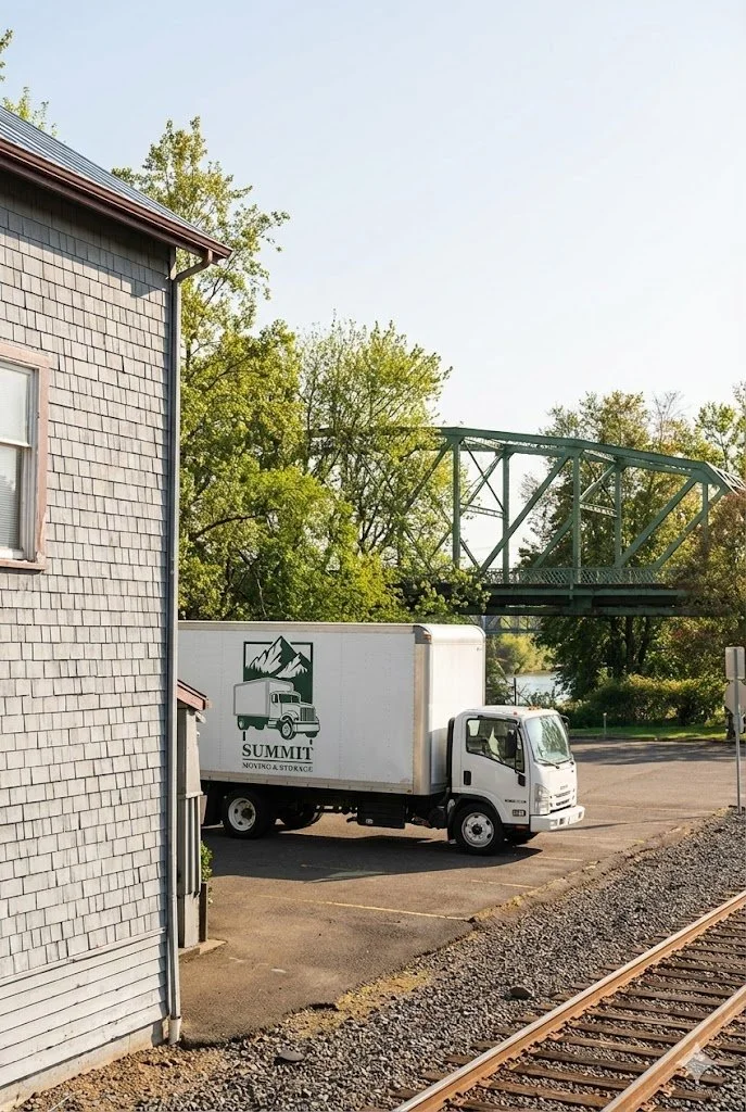 A white moving truck driving along First Avenue in historic downtown Albany, OR, surrounded by vintage brick buildings.