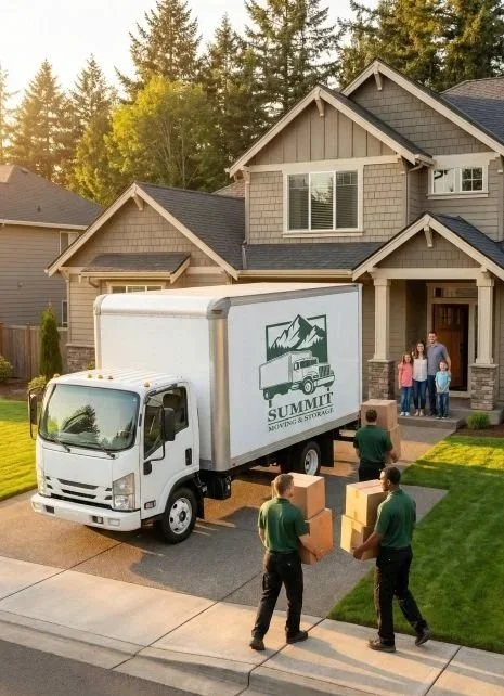 Summit Moving & Storage crew members moving boxes into a house in the Beaverton suburbs