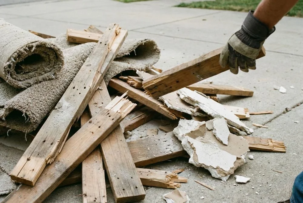 Pile of construction waste including lumber, drywall, and carpet ready for a debris removal service.