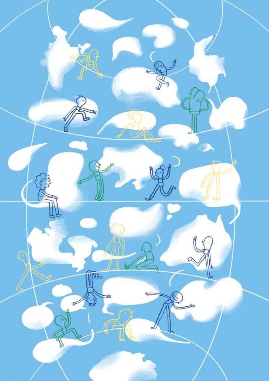 Illustration of people sitting, walking, and relaxing on clouds in a sky filled with clouds and abstract lines.
