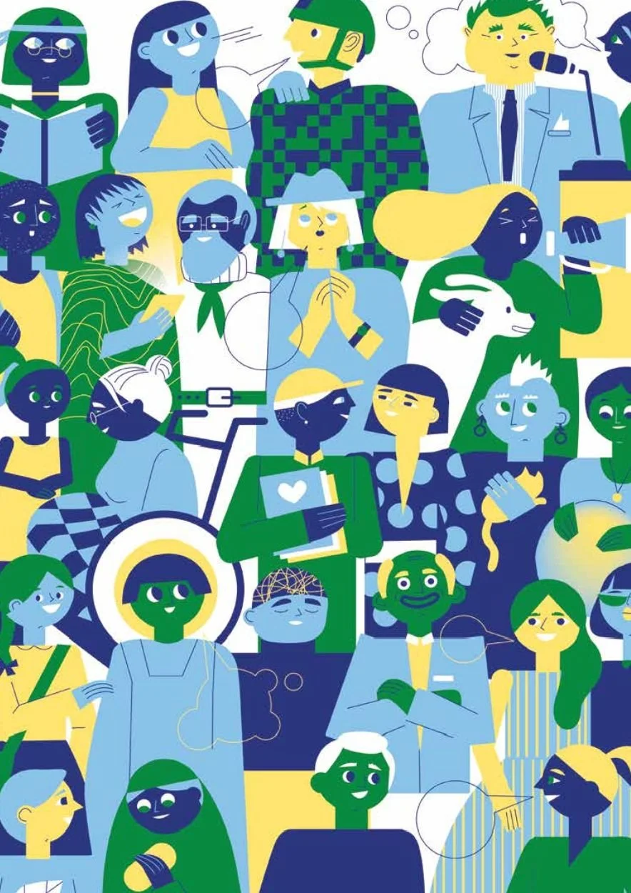 A colorful illustration of diverse people smiling and interacting, including a person with a dog, a person holding a book with a heart, a person with headphones, and people using communication devices, all in a vibrant, stylized art style.