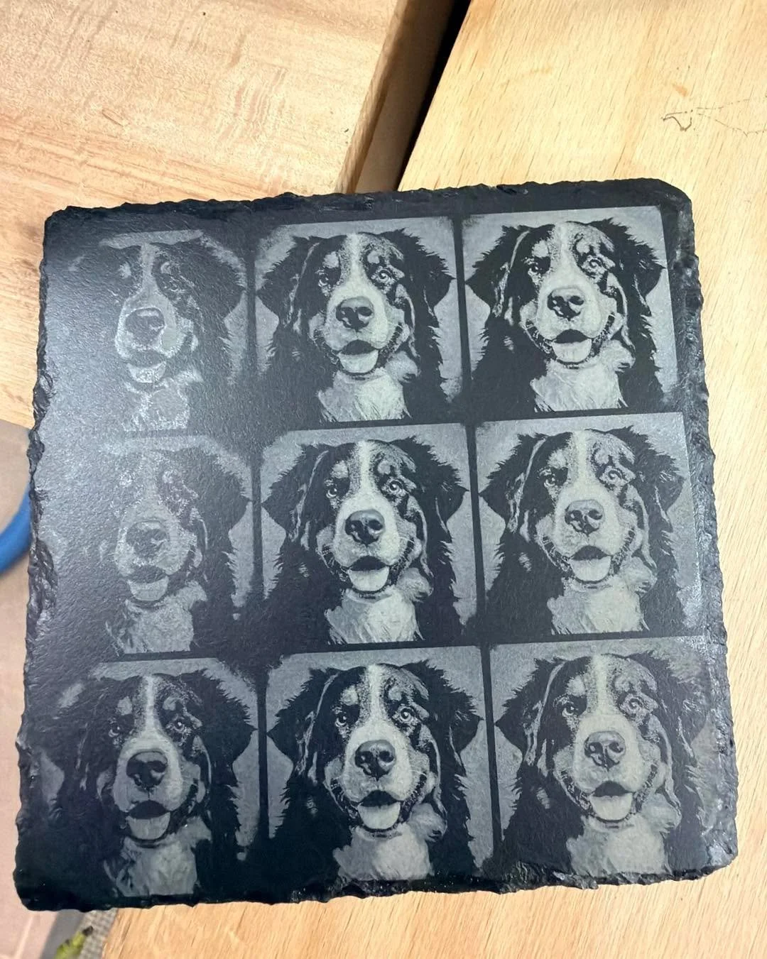 A little behind the scenes update for you all.

I&rsquo;ve been working on a material test grid on a previously engraved slate that I sanded back, recovered, and then prepared with lacquer. For this test I ran a 3x3 grid with the same dog image to co