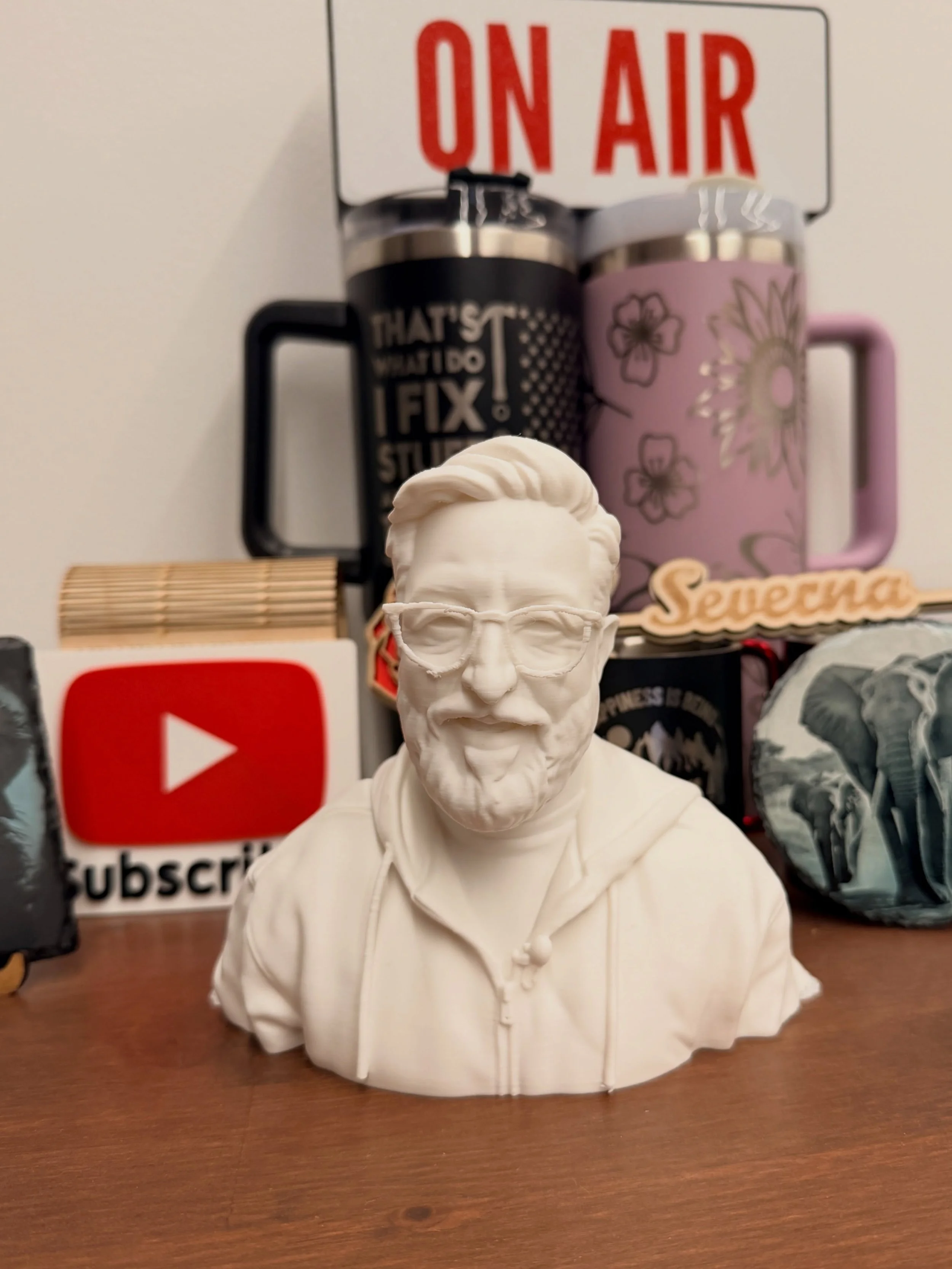 I know. It&rsquo;s getting out of hand. But it&rsquo;s so much fun! I basically picked a photo and uploaded to the bambu lab app and &ldquo;busted&rdquo; this handsome version of me, wireless microphone and all 😬. Weird, right? #bambulab #bambulabp2