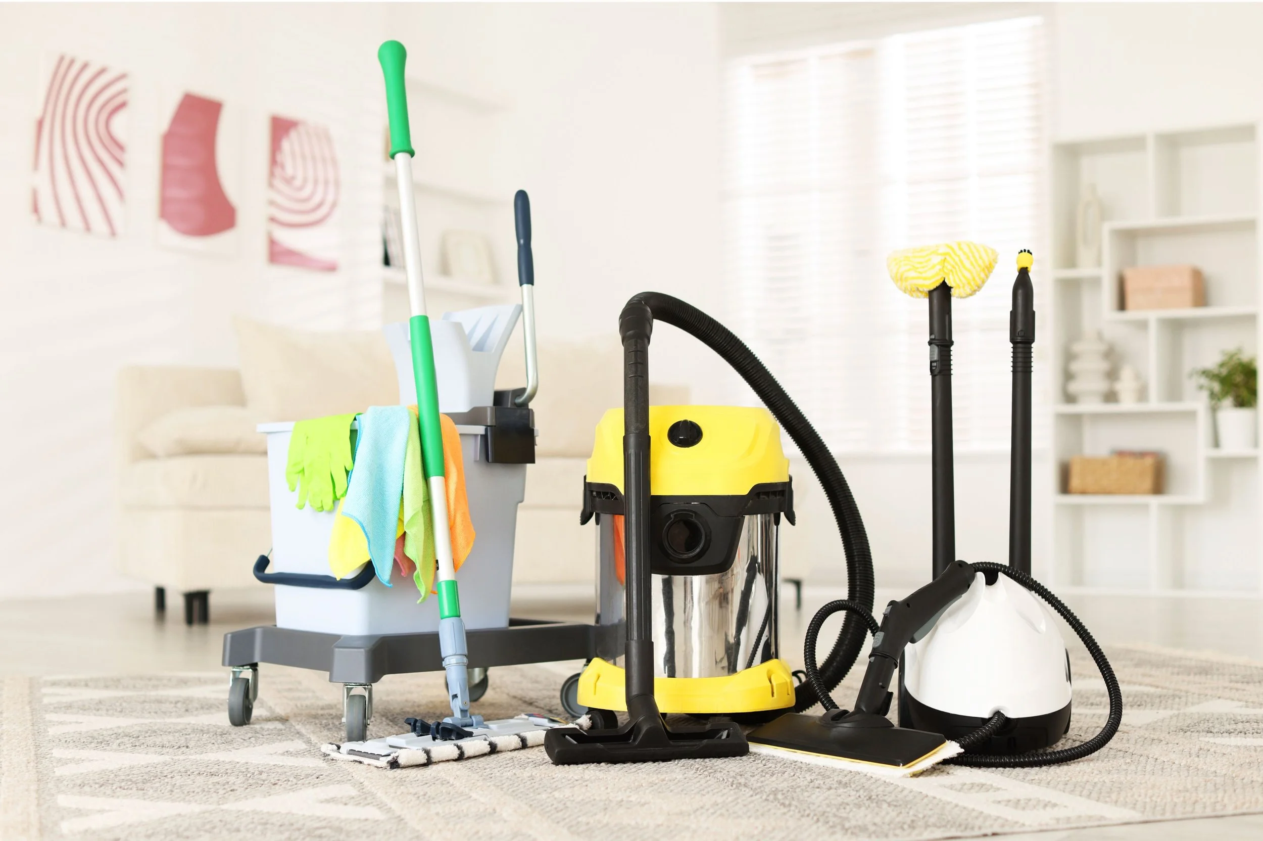 Cleaning supplies and equipment including a mop with a green handle, a cleaning caddy with colorful cloths and gloves, a yellow and black vacuum cleaner, and two handheld steam cleaners with yellow and black brushes on a beige carpet in a bright living room with white walls, a white sofa, and wall art.