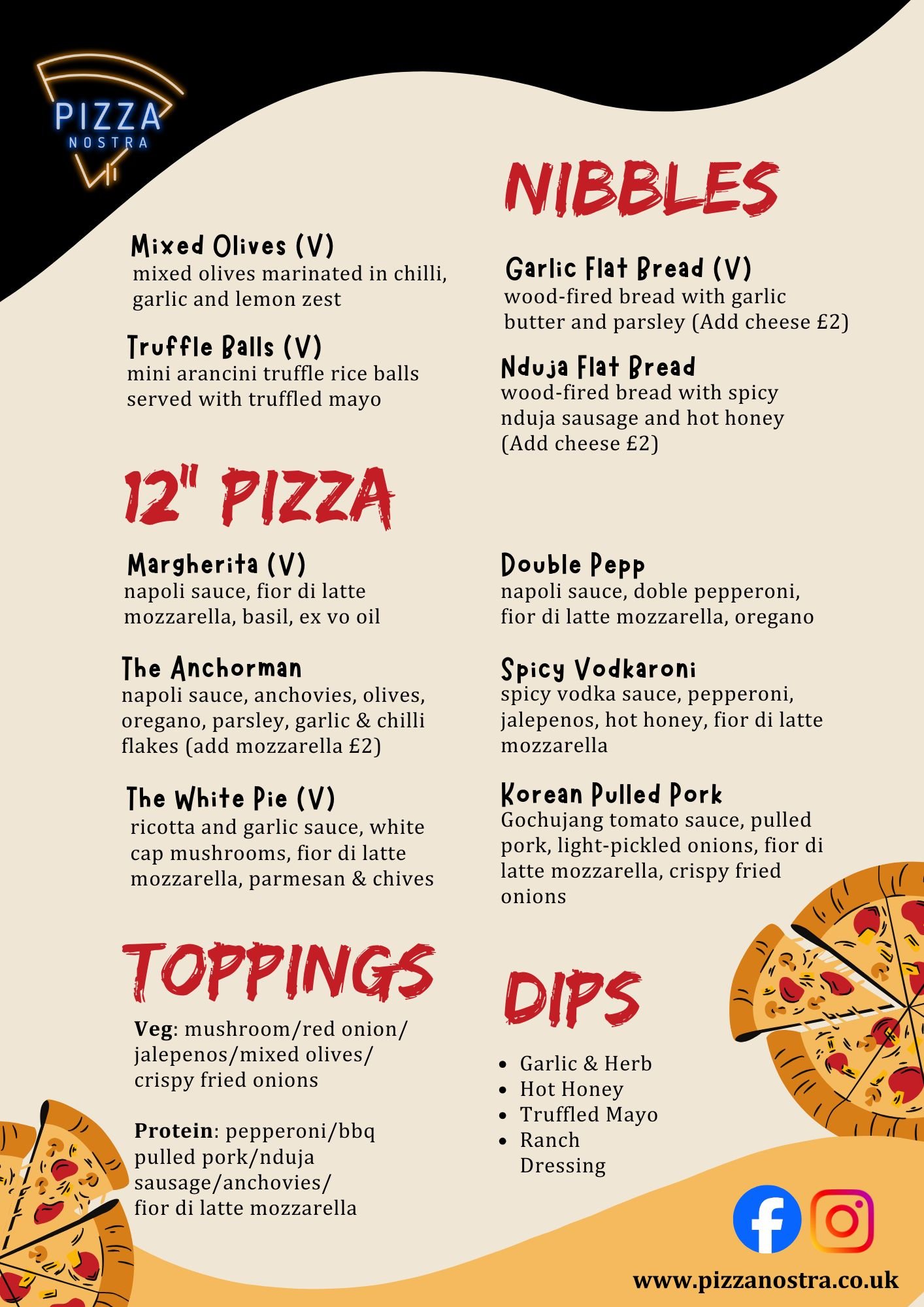 Pizza menu featuring vegan options like mixed olives, truffle balls, and margherita pizza with toppings such as red onions, jalapenos, and mixed olives, as well as various dips and sauces. The menu is from Pizza Nostra and includes contact information and social media icons.