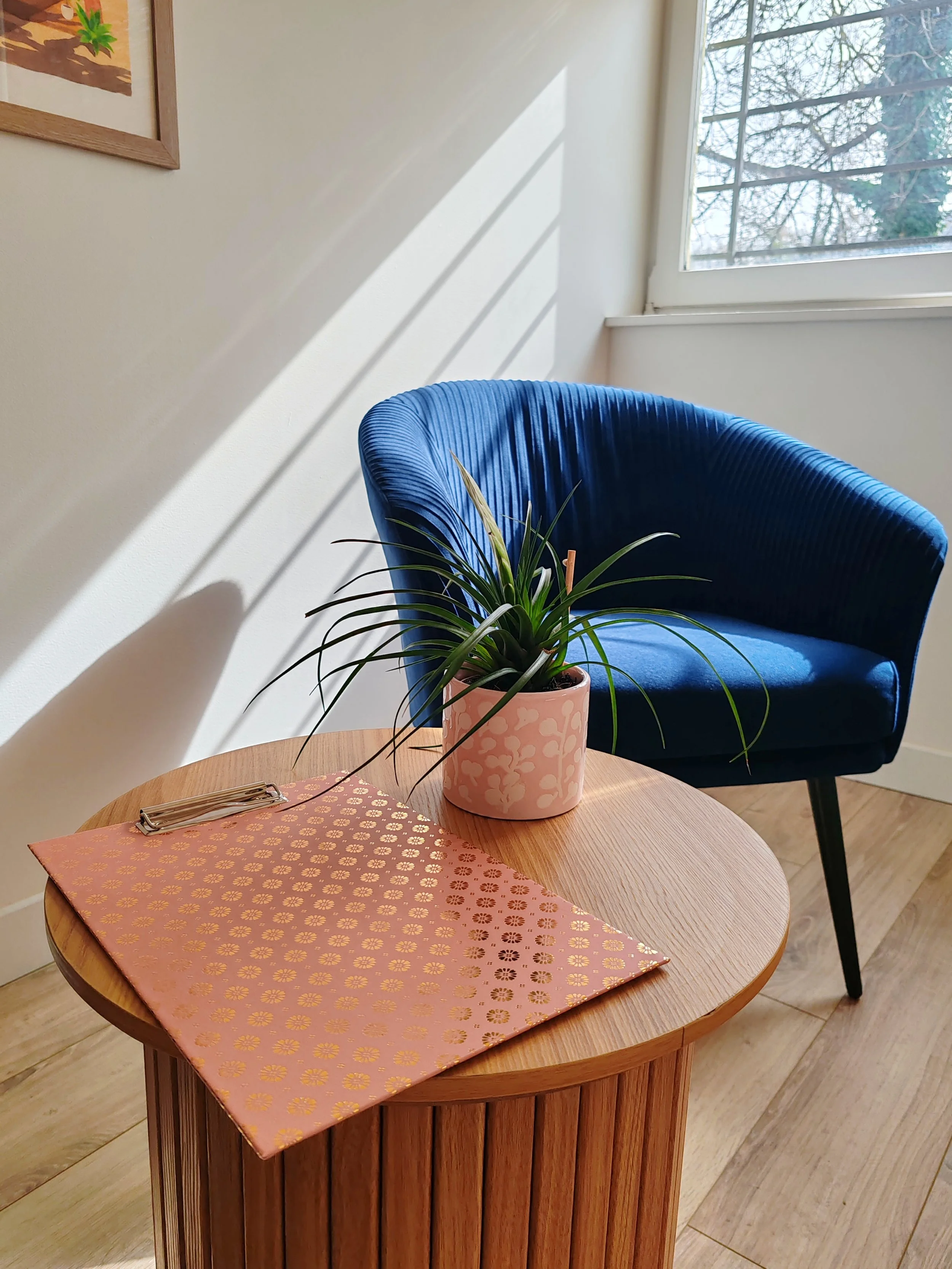 Une plante verte dans un pot rose à motifs blancs, posée sur une table en bois ronde, avec un porte-notes rose métallisé à motifs dorés, dans une pièce lumineuse avec une chaise bleue et une fenêtre laissant passer la lumière.
