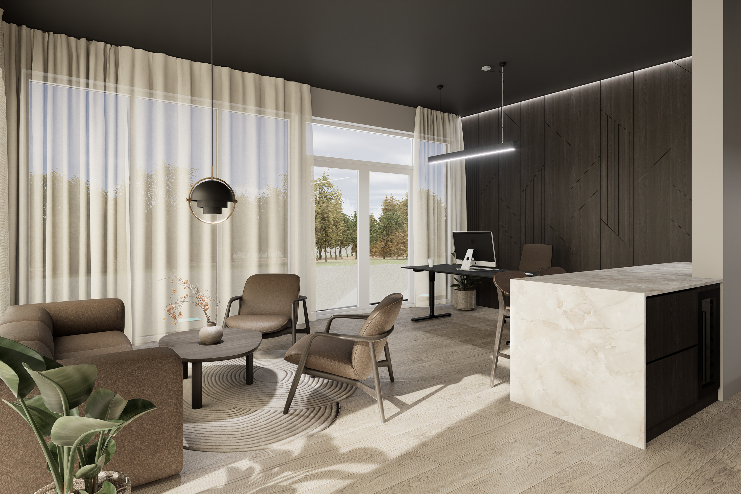 Innanhúshönnun á lögfræðistofu. Nútímalegt stofurými með brúnum leður húsgögnum, kringlóttu stofuborði, stórum glugga með gólfsíðum hör gardínum, grænum plöntum, skrifborði með tölvu og eldhúseyju með dökkum viðar frontum og marmara borðplötu.