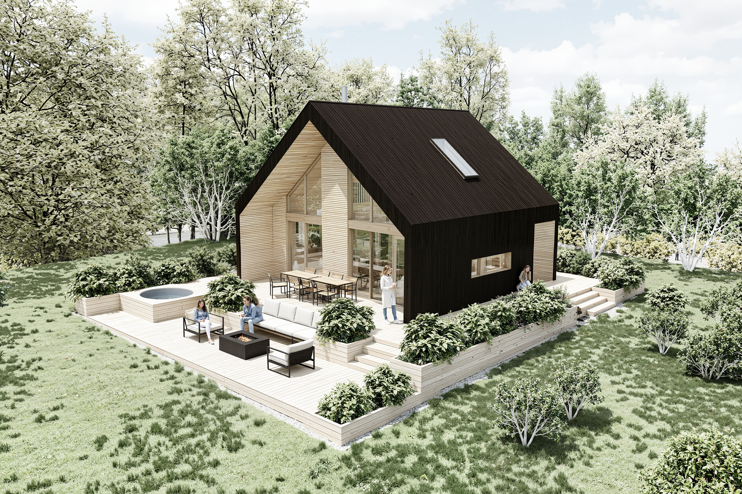 Arkitektahönnun á sumarhúsi í Hvalfirði. Vel nýttir fermetrar. Sumarhús með tvíhalla þaki, klætt dökkri viðarklæðningu. Hlýlegt hús með stórum gluggum sem tryggja gott útsýni. Landlagshönnun heitur pottur, gróðurbeð og útihúsgögn.