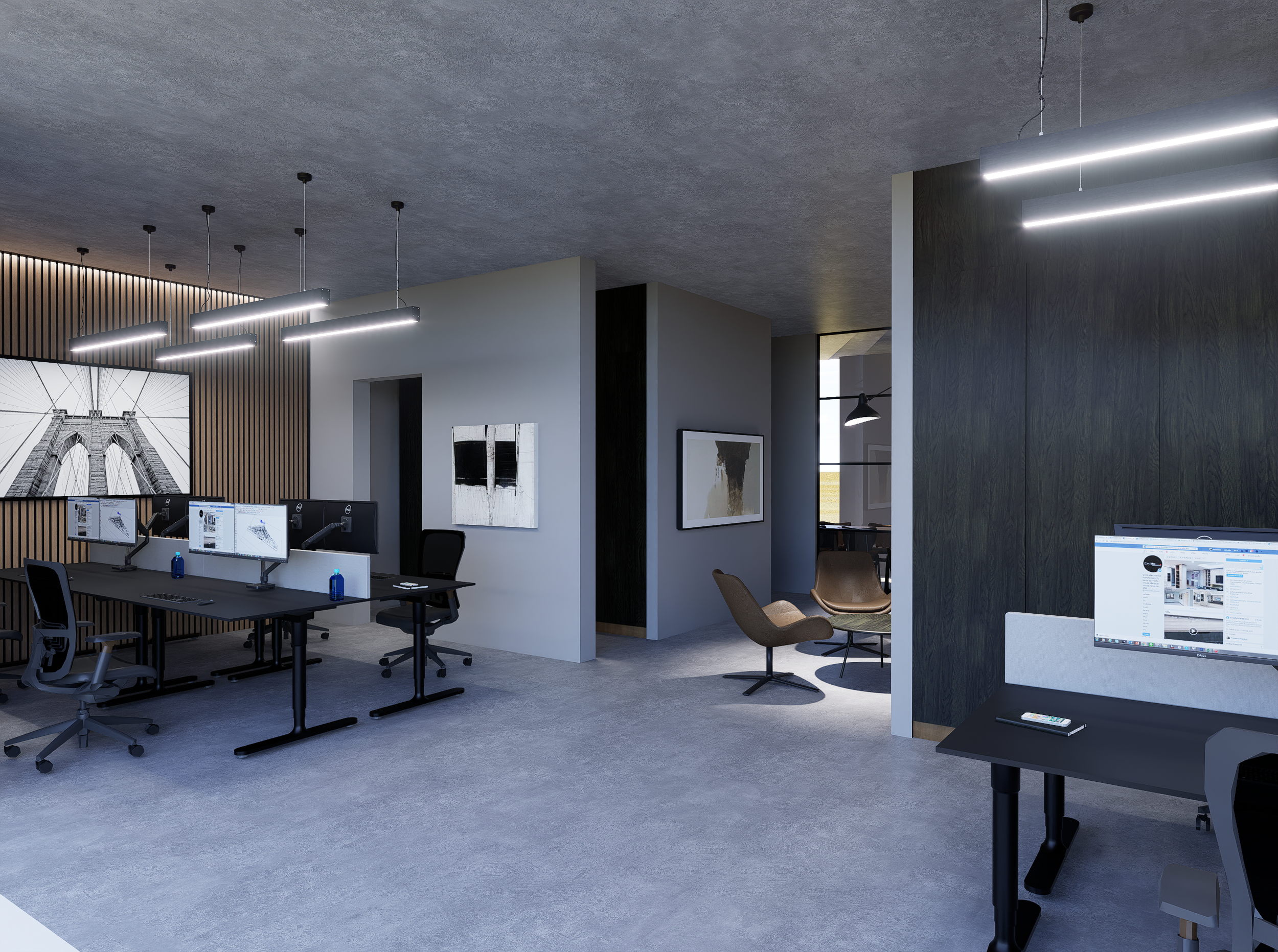 Innanhúshönnun á skrifstofurými verkfræðistofu. Jarðlitir tónar og náttúrulegt efnisval. Flotað gólf og viðarrimlar á veggjum. Dökkar viðarinnréttingar. brass detailar og listaverk á veggjum. Glerhurð með stálramma. Gráir veggir og brún leðurhúsgögn.