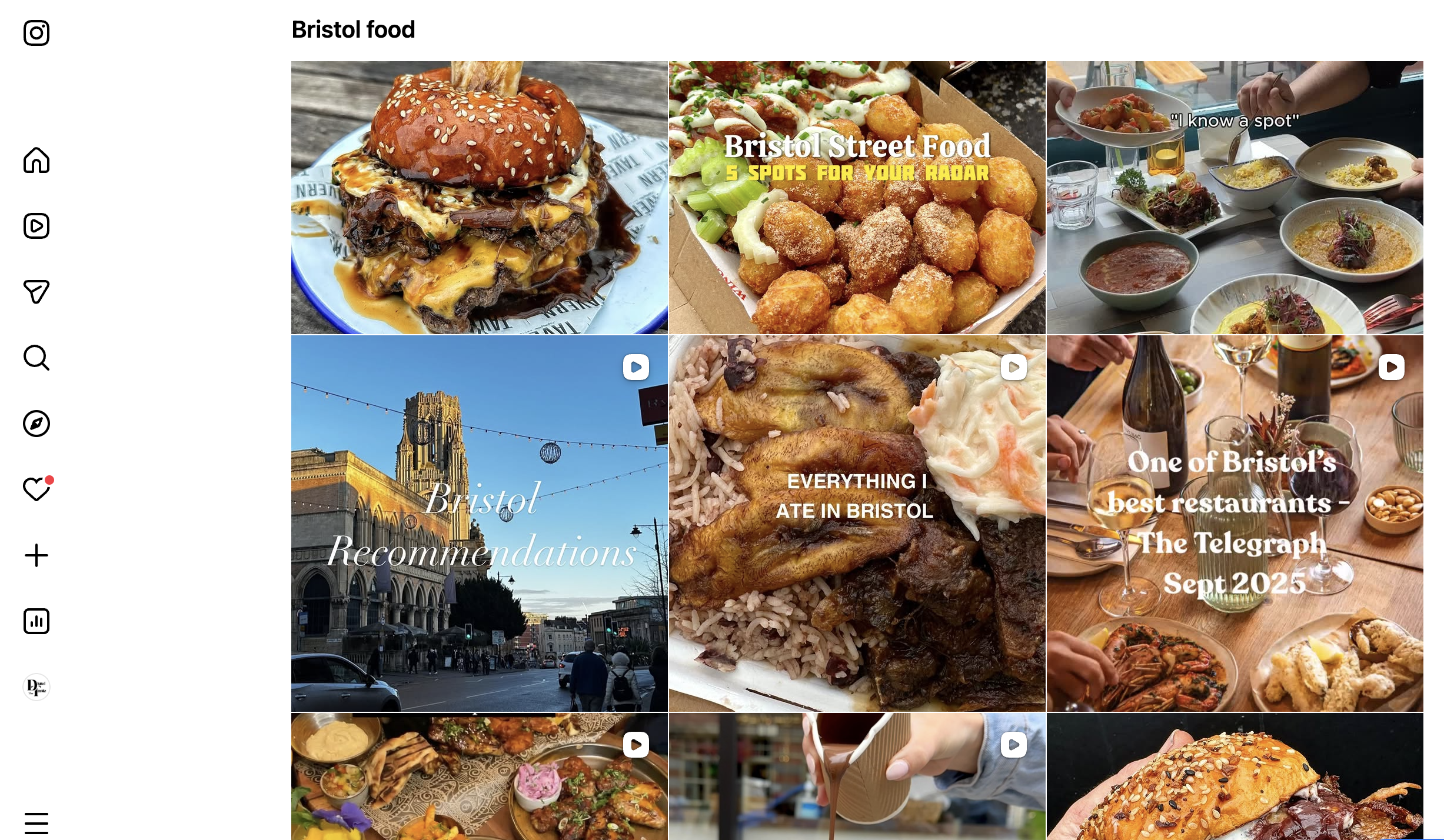 A collage of images related to Bristol food and recommendations, including a burger, fried food, a table of assorted dishes, a cityscape of Bristol, a plate of cooked meat and rice, a wine and food gathering, and a hand holding a coffee cup.