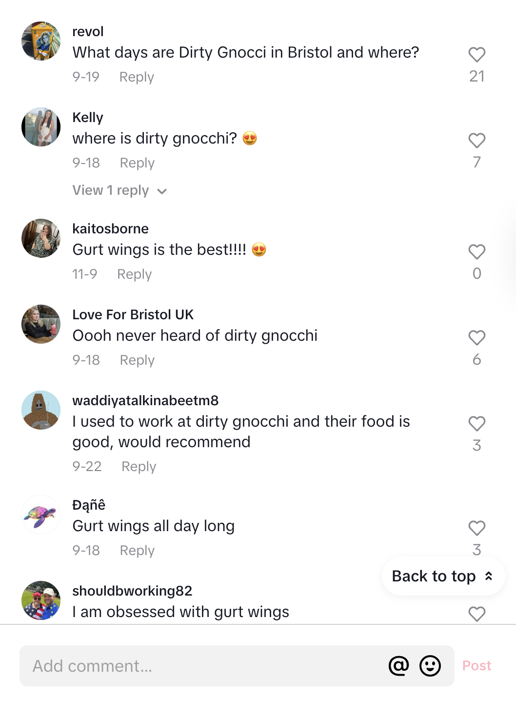Screenshot of a social media comment thread discussing Gurt wings and dirty gnocchi, with various users commenting about their preferences, experiences, and opinions.