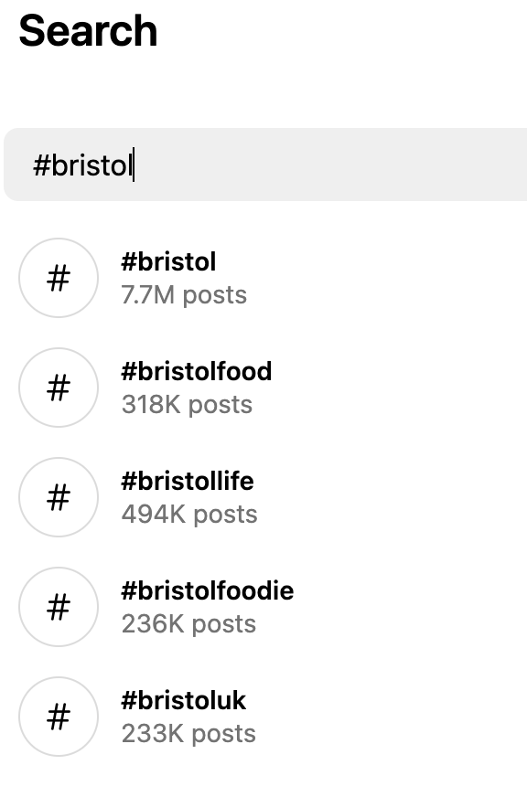 Screen displaying search results for the hashtag #bristol on social media, showing several related hashtags and the number of posts for each.