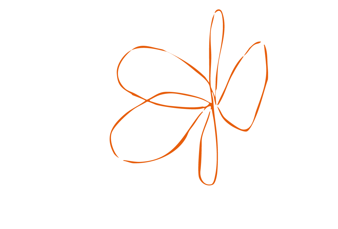 Illustration d'une libellule stylisée en lignes orange sur fond noir.