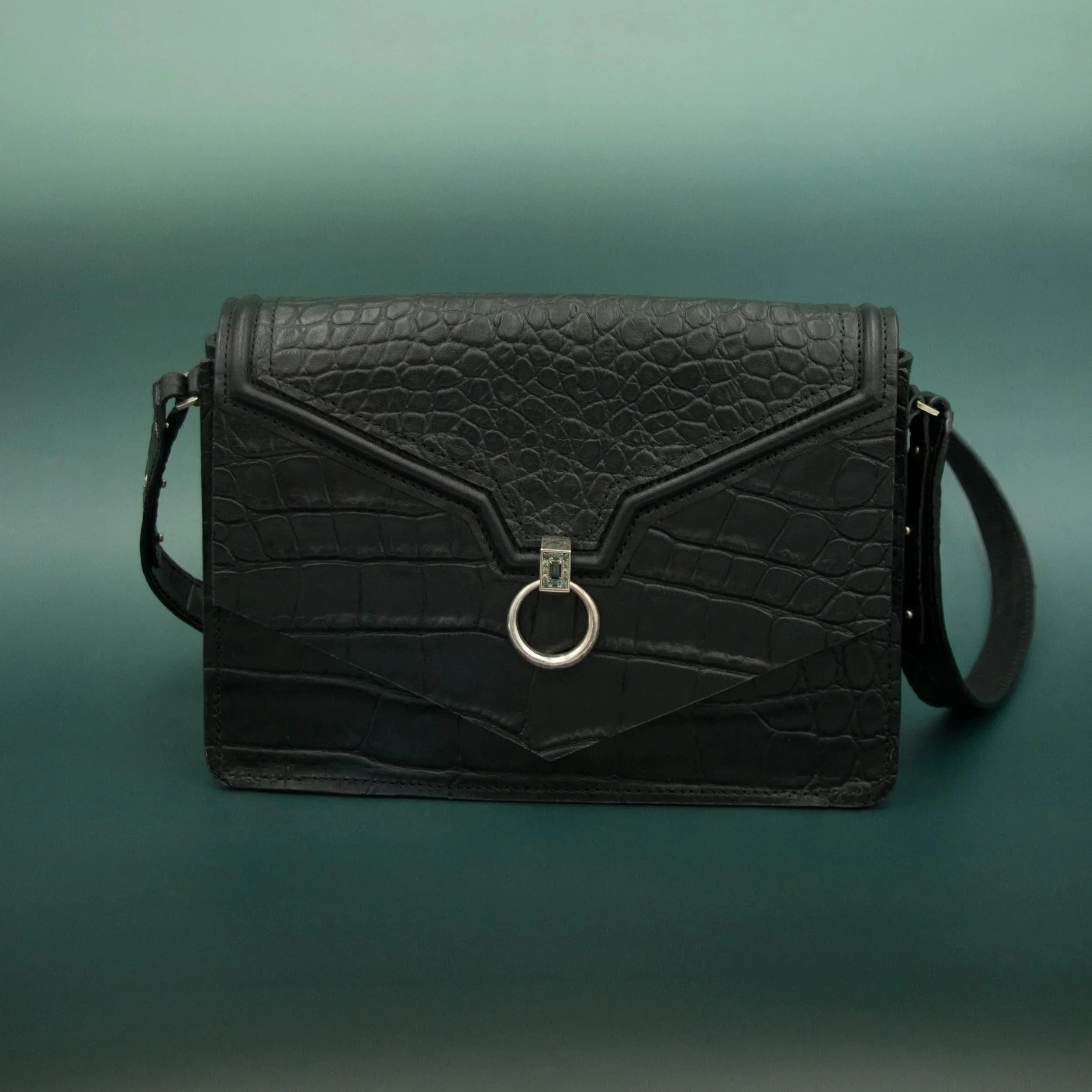 Black Crocodile O-Ring Bag - Tourmaline