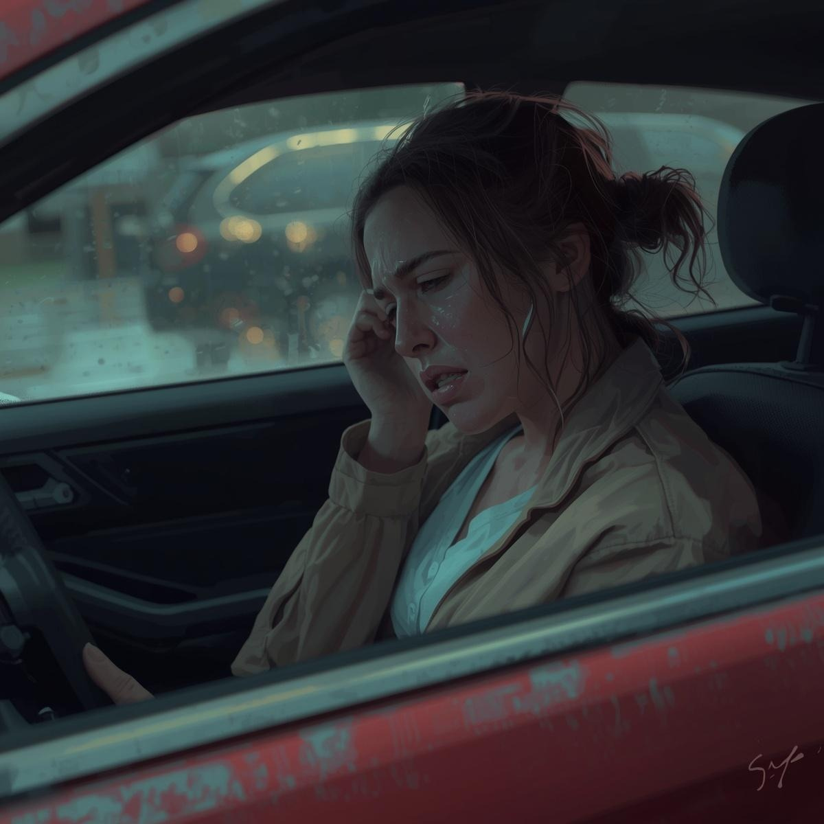 A woman sitting in the driver's seat of a car, looking distressed and holding her temple. The interior is dimly lit, and the window shows a rainy scene with blurred lights outside.