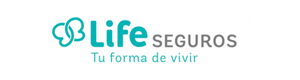 Logotipo de Life Seguros con un fondo blanco, con un icono de mariposa azul y texto: 'Life Seguros, Tu forma de vivir'.