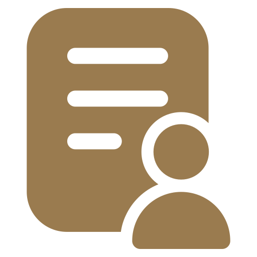 Icon of a person and a document or profile sheet with lines representing text, in brown and black colors.