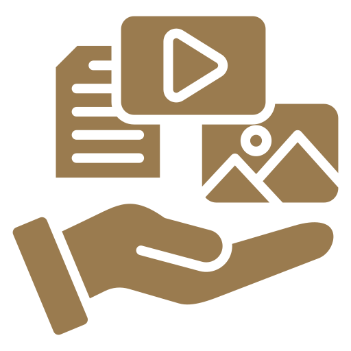 A hand holding multimedia icons, including a document, a play button, and images, representing media management or multimedia content.