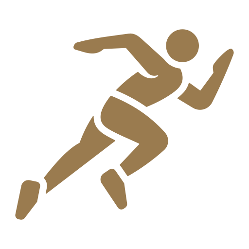 Icon of a person running depicted in brown with simplified design on a black background.