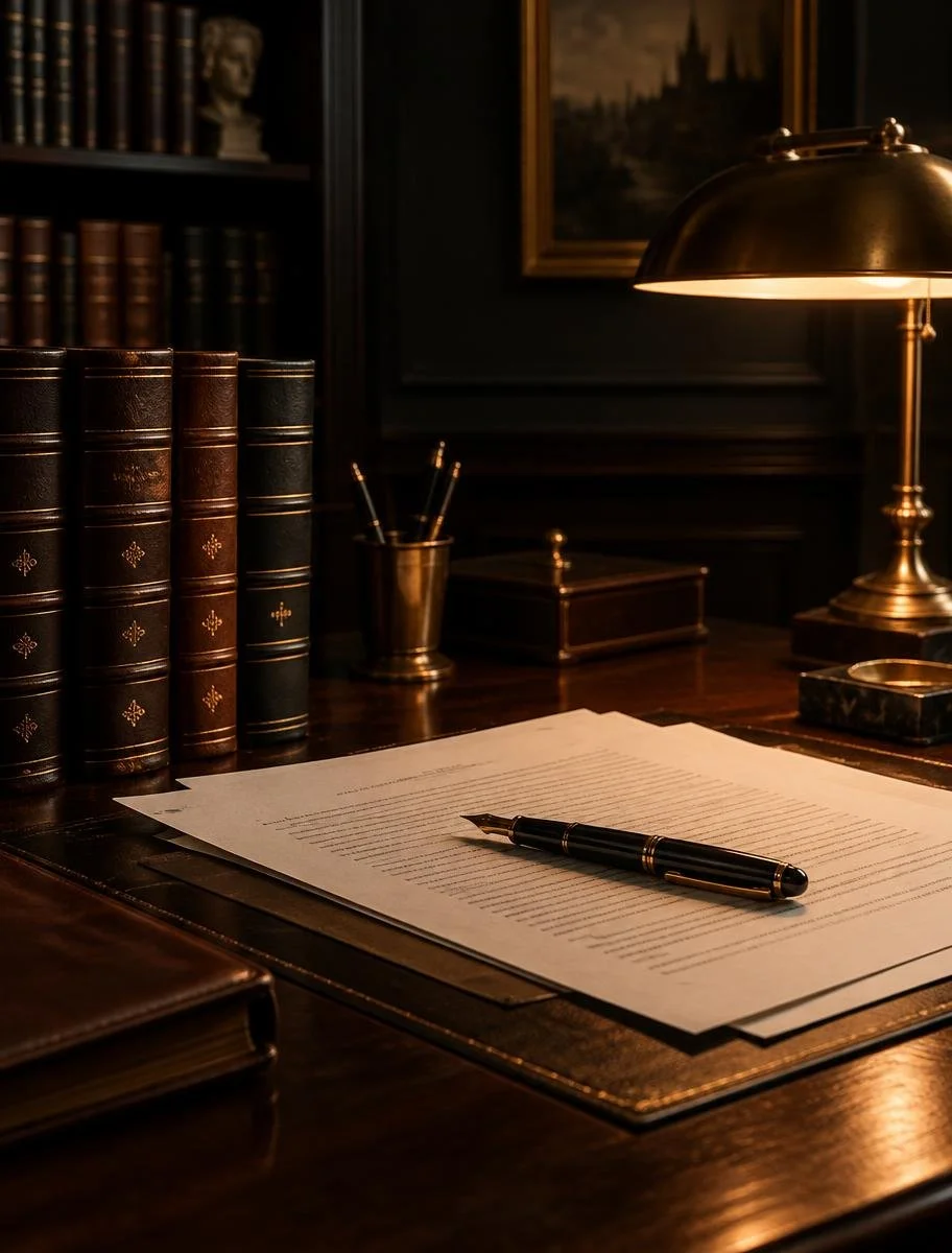 A desk with a fountain pen on top of a stack of papers, surrounded by leather-bound books, a brass pen holder with writing instruments, a brass desk lamp, and a framed painting in a dimly lit room.