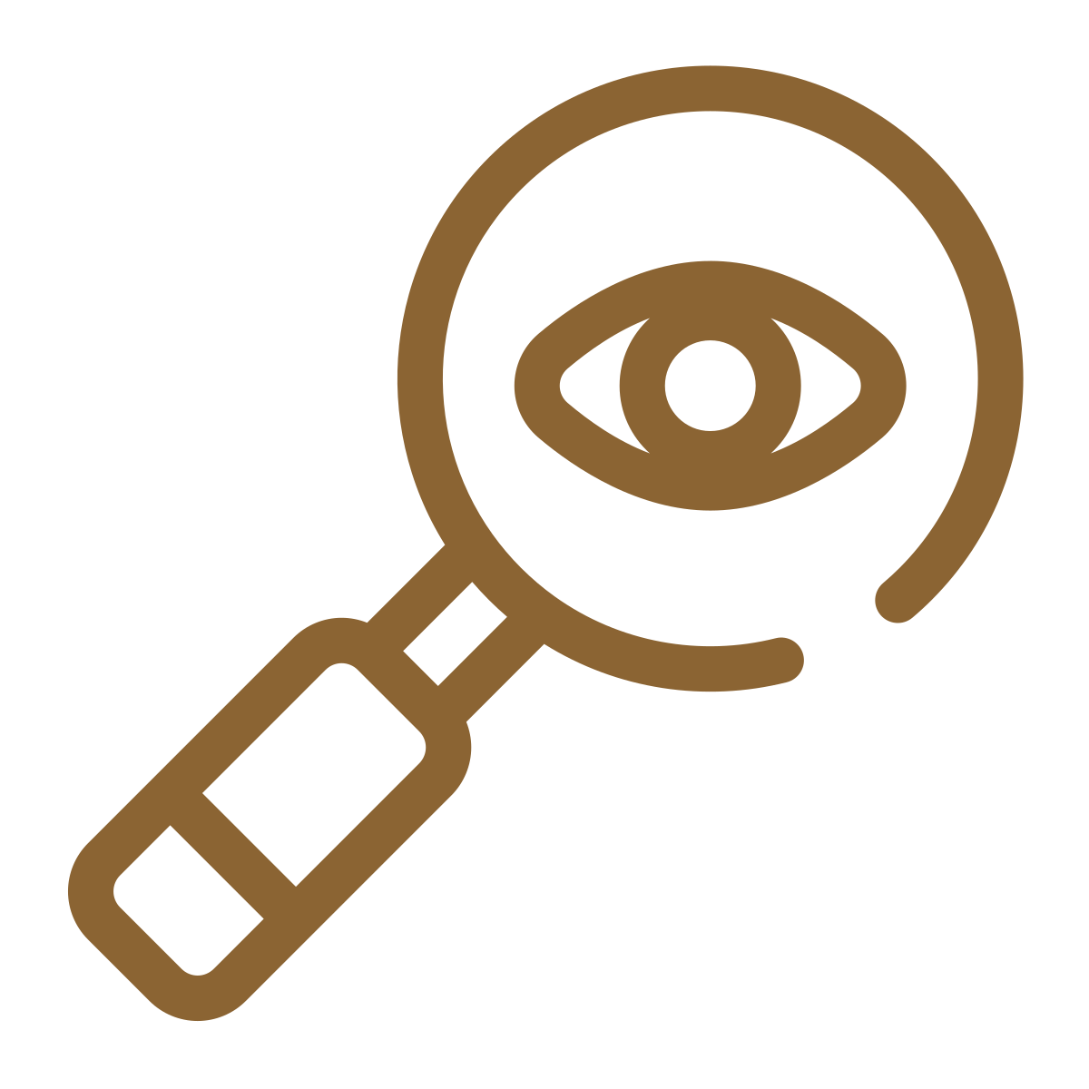 Brown icon of a magnifying glass with an eye inside the lens.