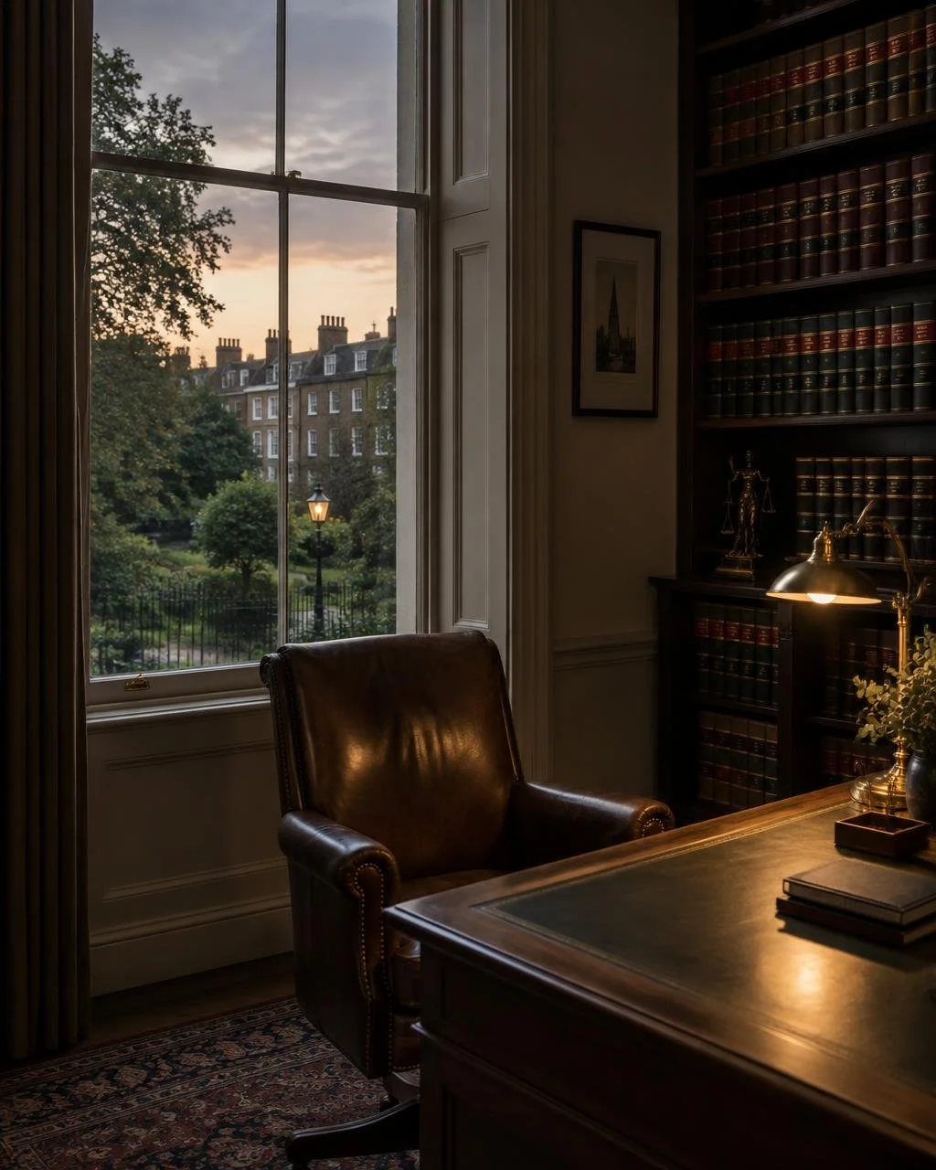 A cozy, dimly lit office with a leather armchair, a wooden desk, a desk lamp, and a tall bookshelf filled with law books. A window shows a view of trees, a lamppost, and surrounding buildings at sunset.