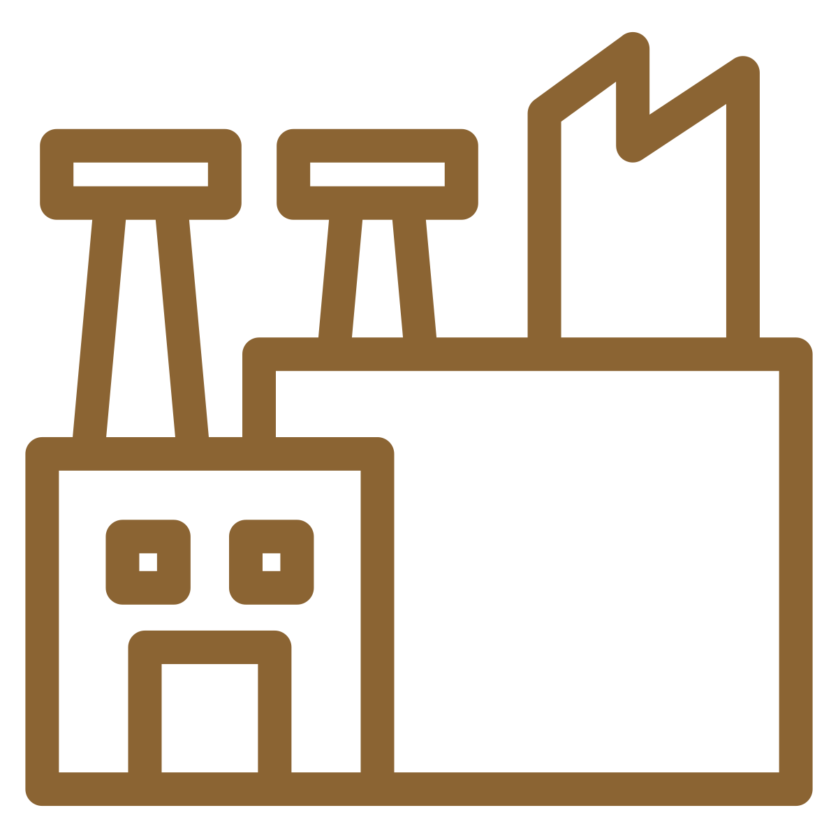 Line drawing of a factory with two chimneys and a large rectangular building.