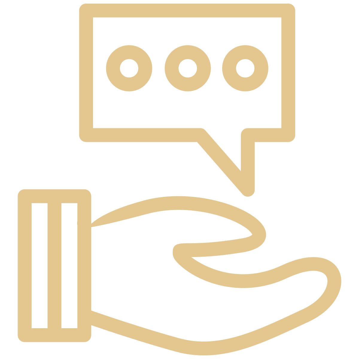 A stylized icon of a hand holding a speech bubble with three dots inside, representing communication or conversation.