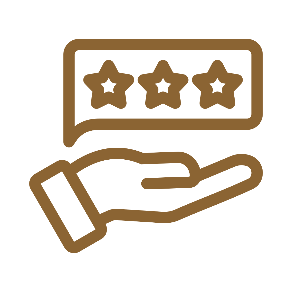 Line drawing of a hand holding a speech bubble with three star ratings.
