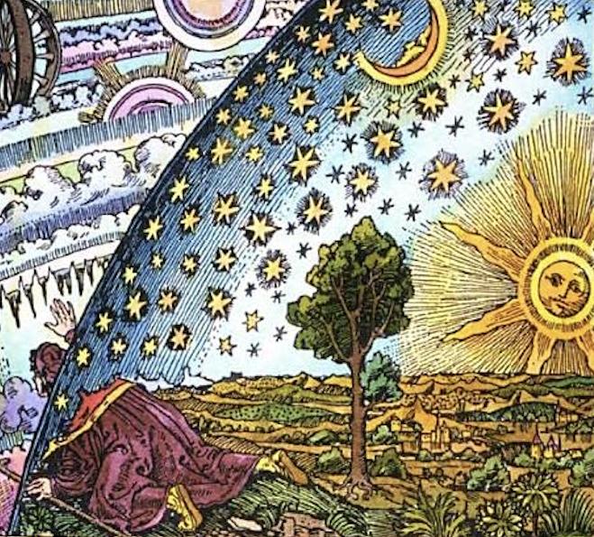 Image of a traveler poking his head out of the known world in a quest for kowledge.