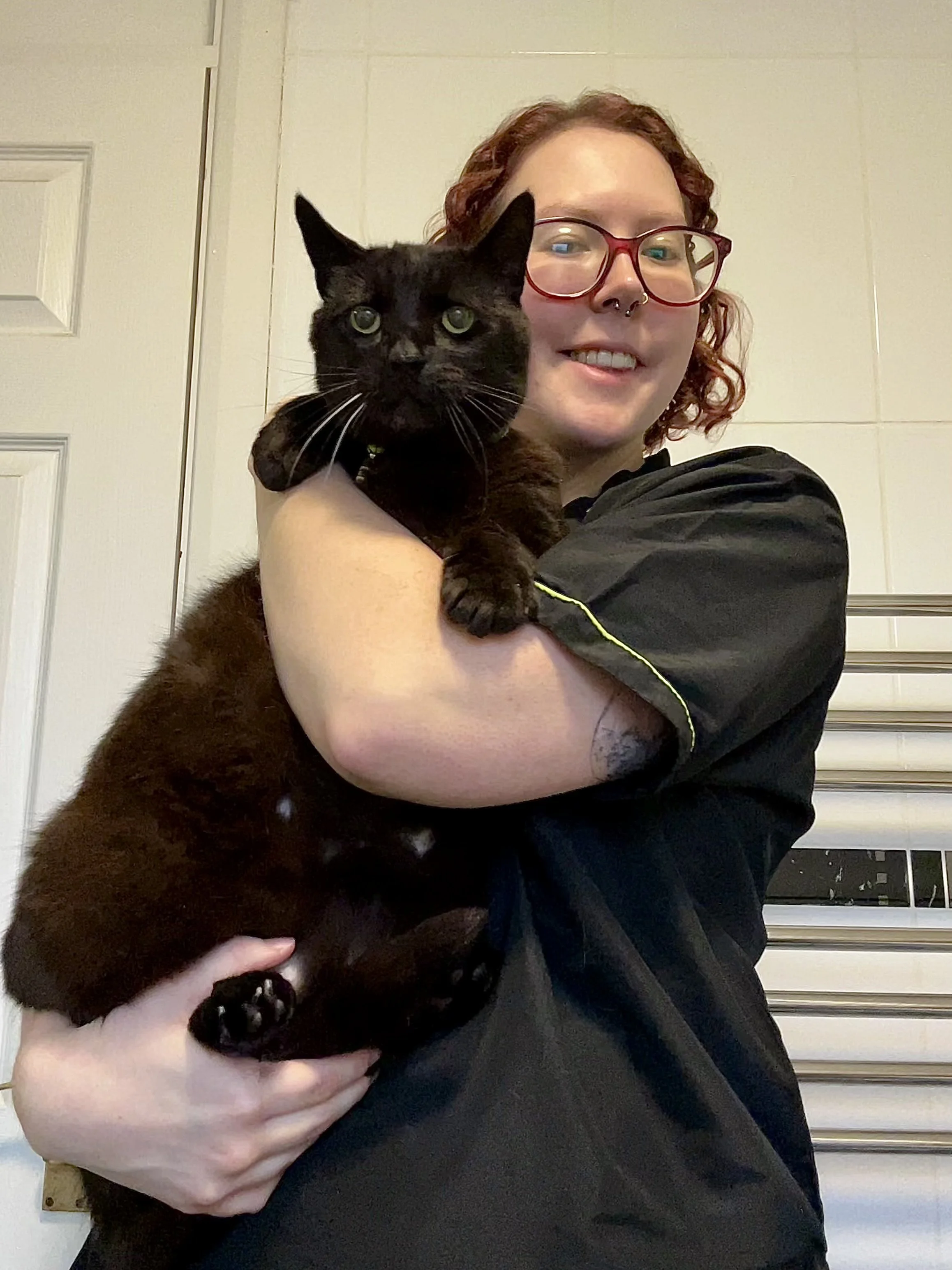 A person with red curly hair, glasses, and a septum piercing holding a black cat indoors.