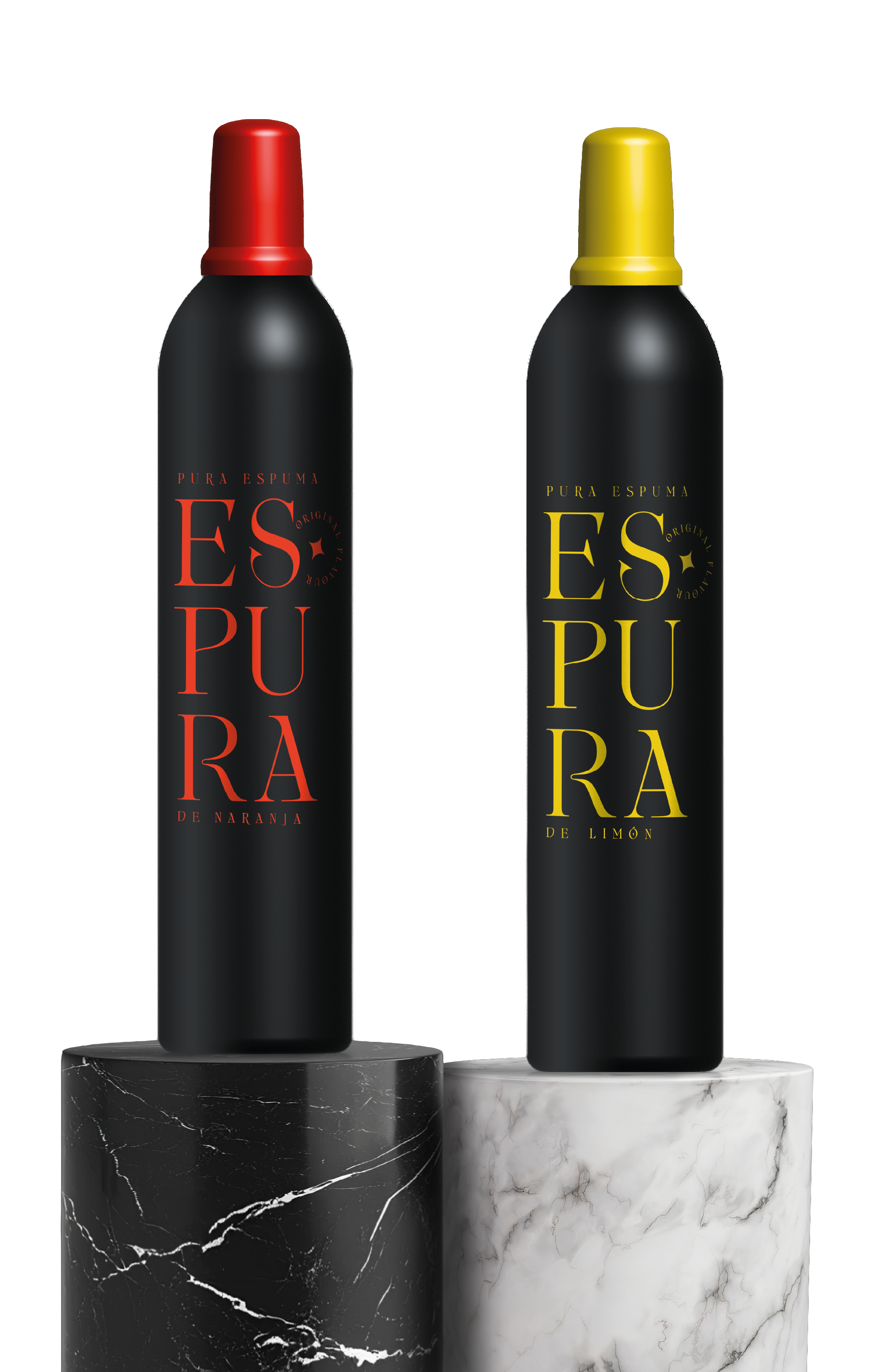Dos latas de espuma, una de naranja y otra de limón, sobre pedestales de mármol, con fondo negro.