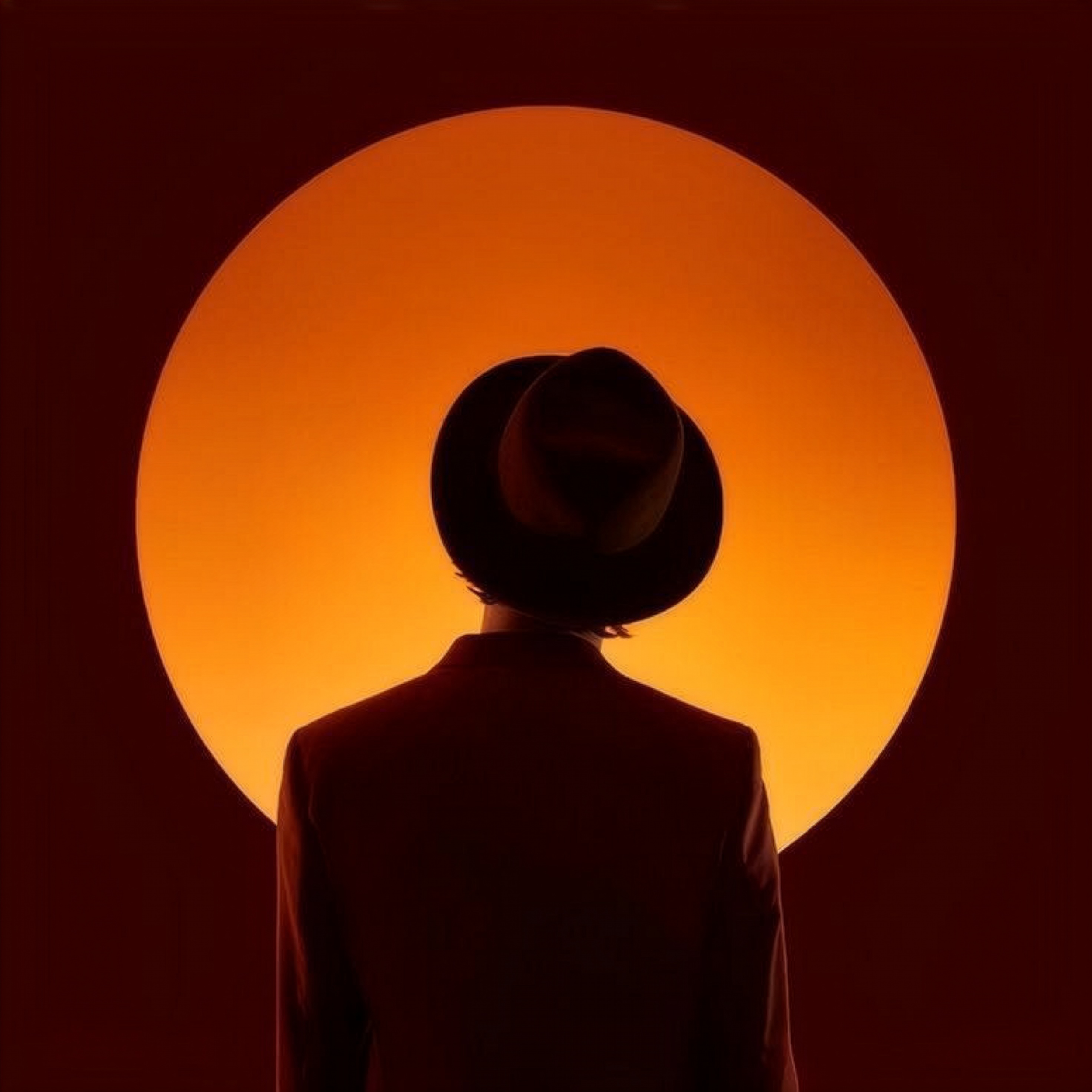Persona de espaldas con sombrero, vista hacia un gran sol naranja en un fondo oscuro.