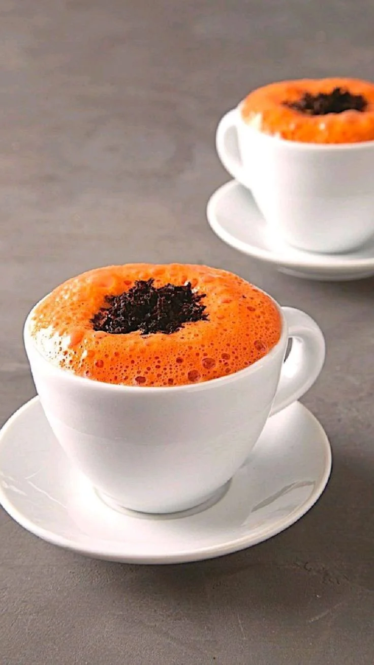 Dos tazas blancas de café con espuma anaranjada y rellenas con un líquido naranja, decoradas con una pizca de polvo oscuro, colocadas sobre platos blancos en una mesa.