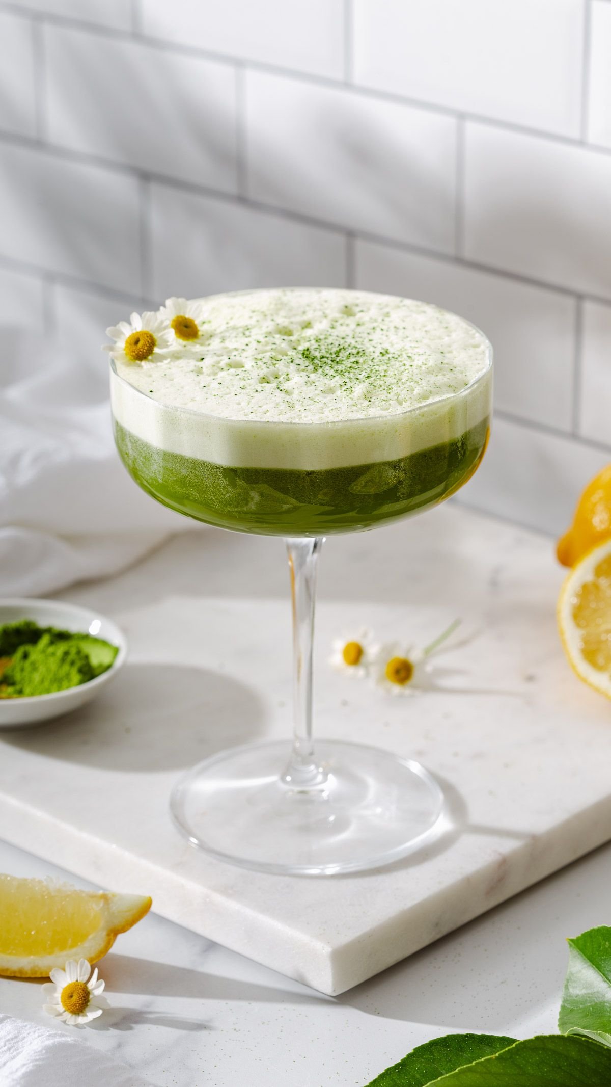 Cóctel verde en copa de cóctel con flores de manzanilla y polvo de matcha.