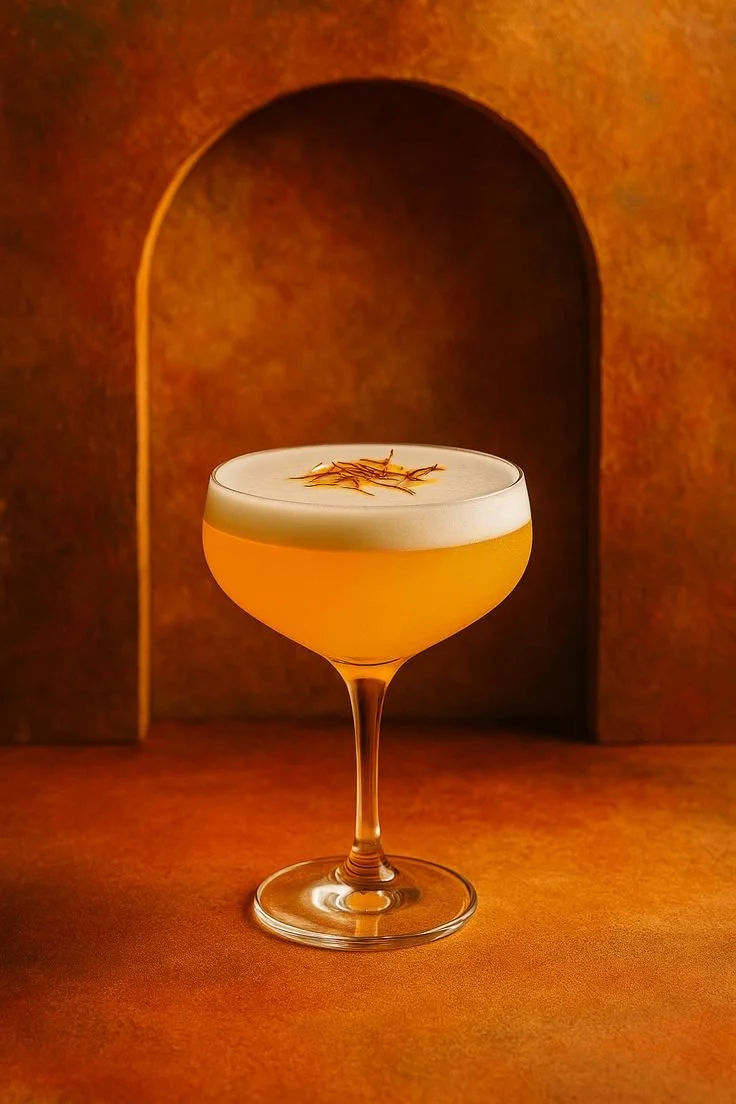 Cóctel de color amarillo con crema en la parte superior y adornado con una rama de hierba, en un vaso de cóctel sobre fondo marrón