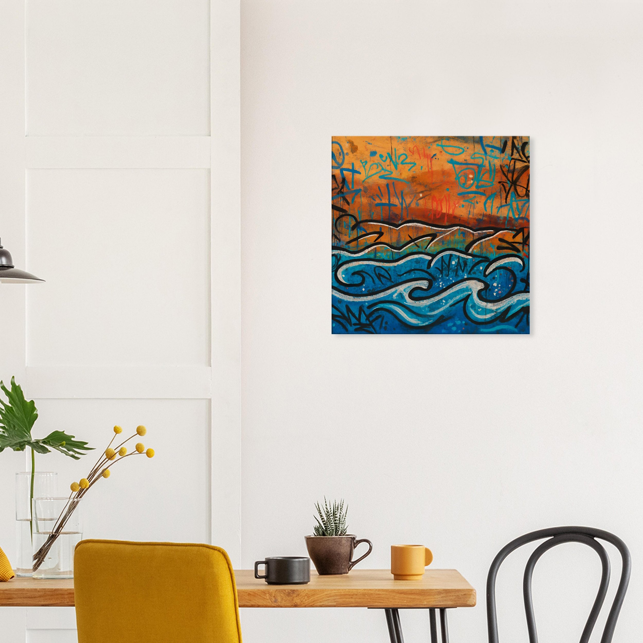 Colorful graffiti-style painting on a white wall depicting stylized waves in shades of blue and orange with black outlines and abstract scribbles.