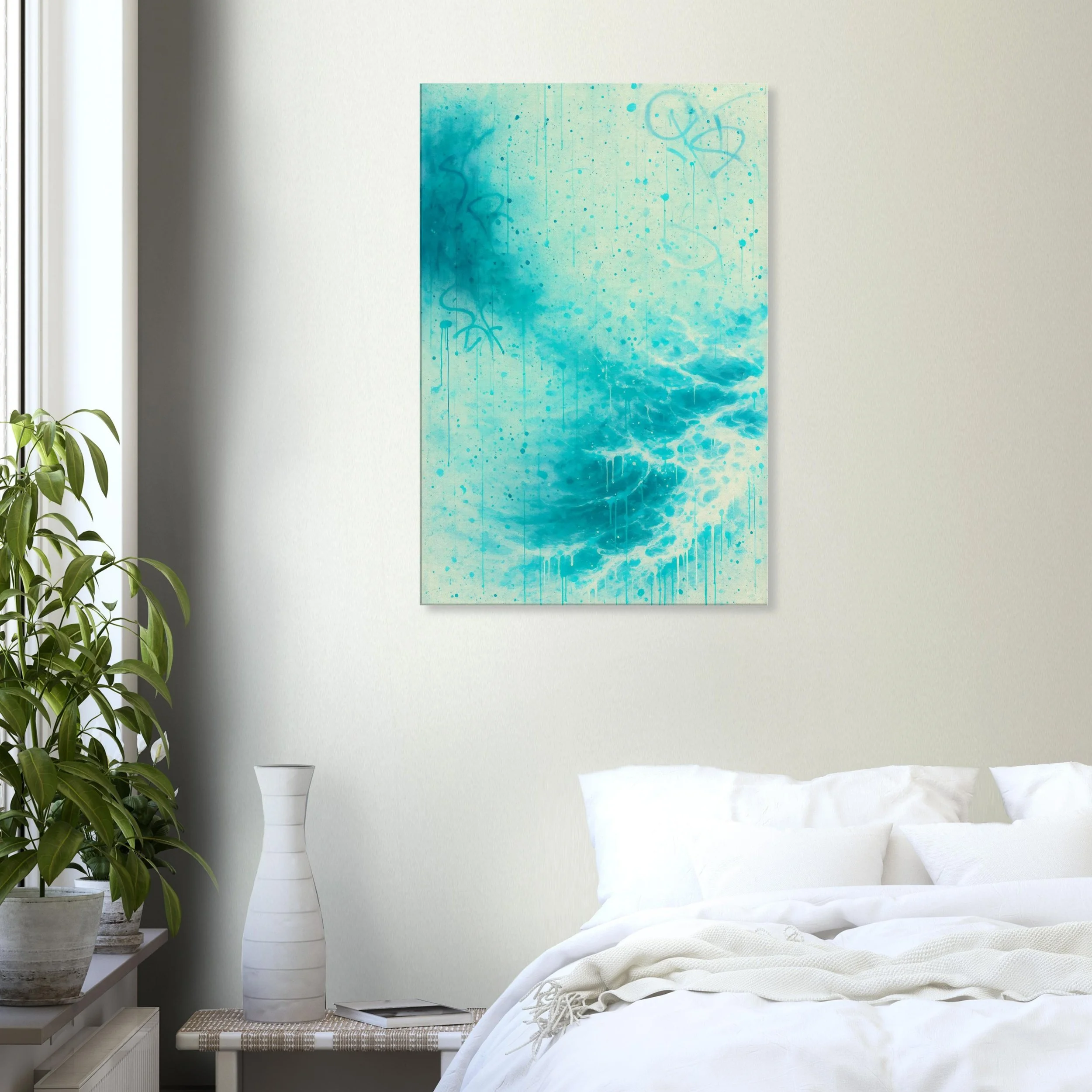 Living room with a large abstract ocean wave painting on the wall, a white bed with pillows, a white table with a tall vase, and a green plant near the window.