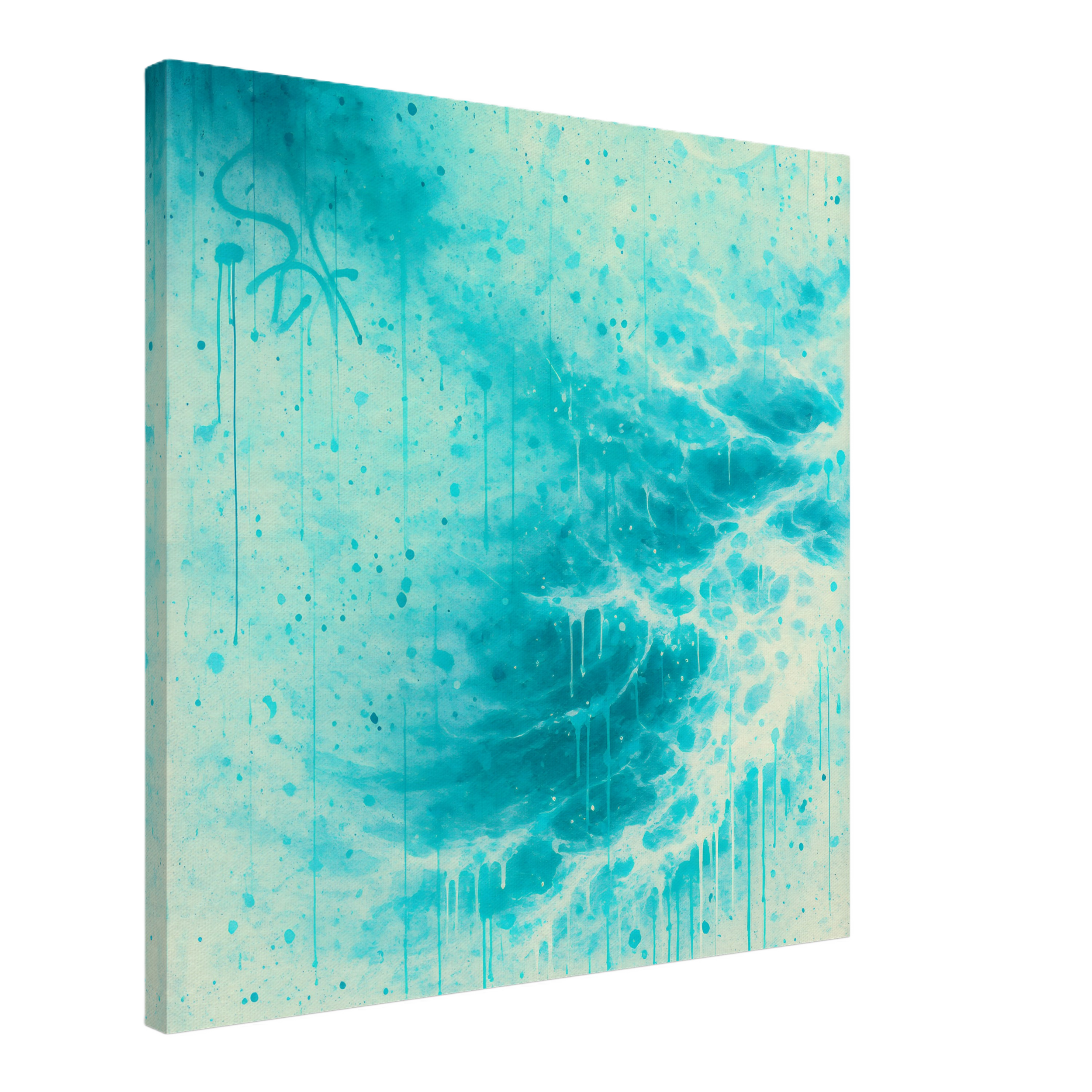 Digital art of a large 3D blue wall with graffiti paint splatters and drips.